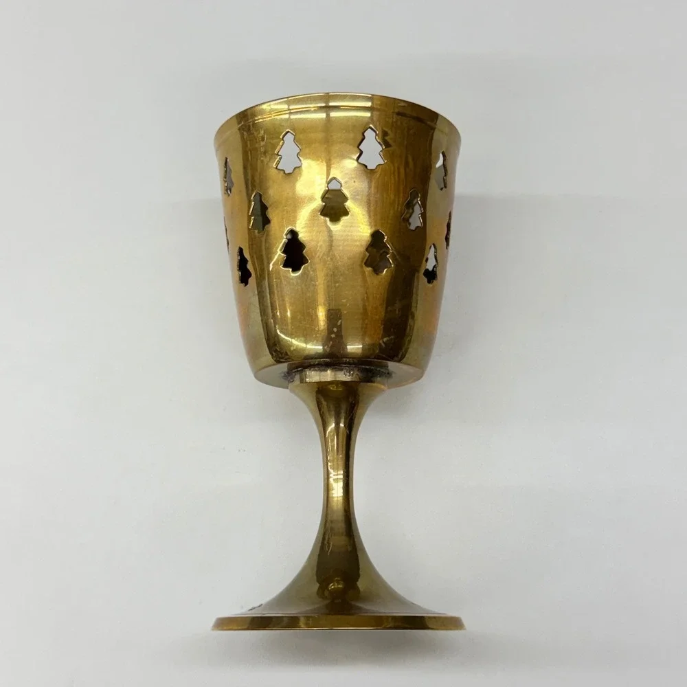 Vintage Brass‎ Christmas Tree Cutout Candle Holder Chalice Pedestal Gold Tone